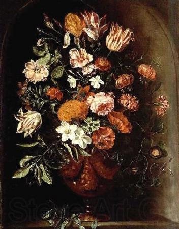 unknow artist A still life with tulips, roses, a red turban cup lily, auricula, jasmin, an iris, carnations and other flowers in a vase, all in a stone niche. France oil painting art